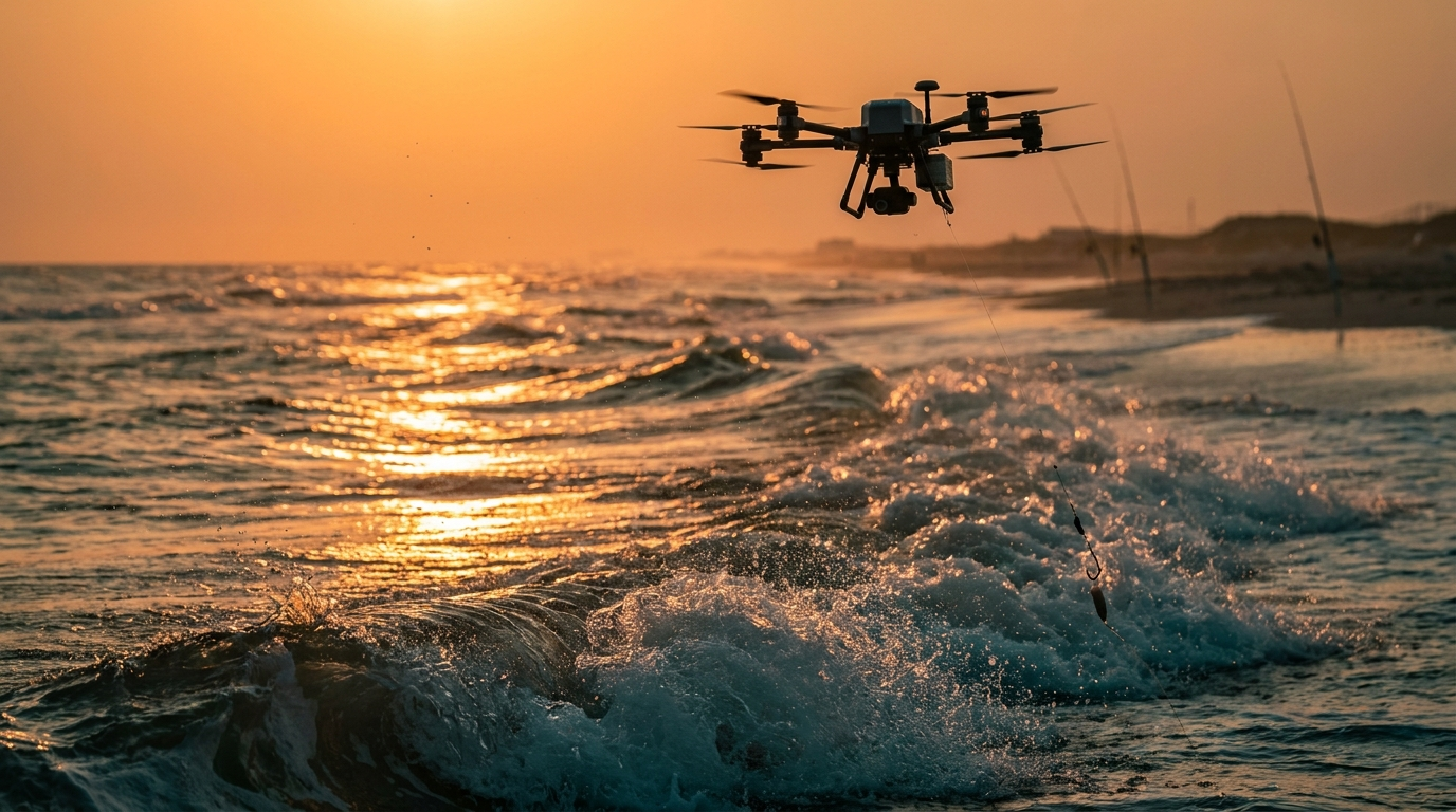 Drone carrying a bait rig out over the waves at sunset
