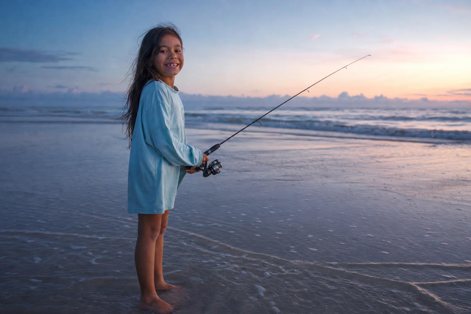 Kid grinning with a fishing rod at the dawn shoreline