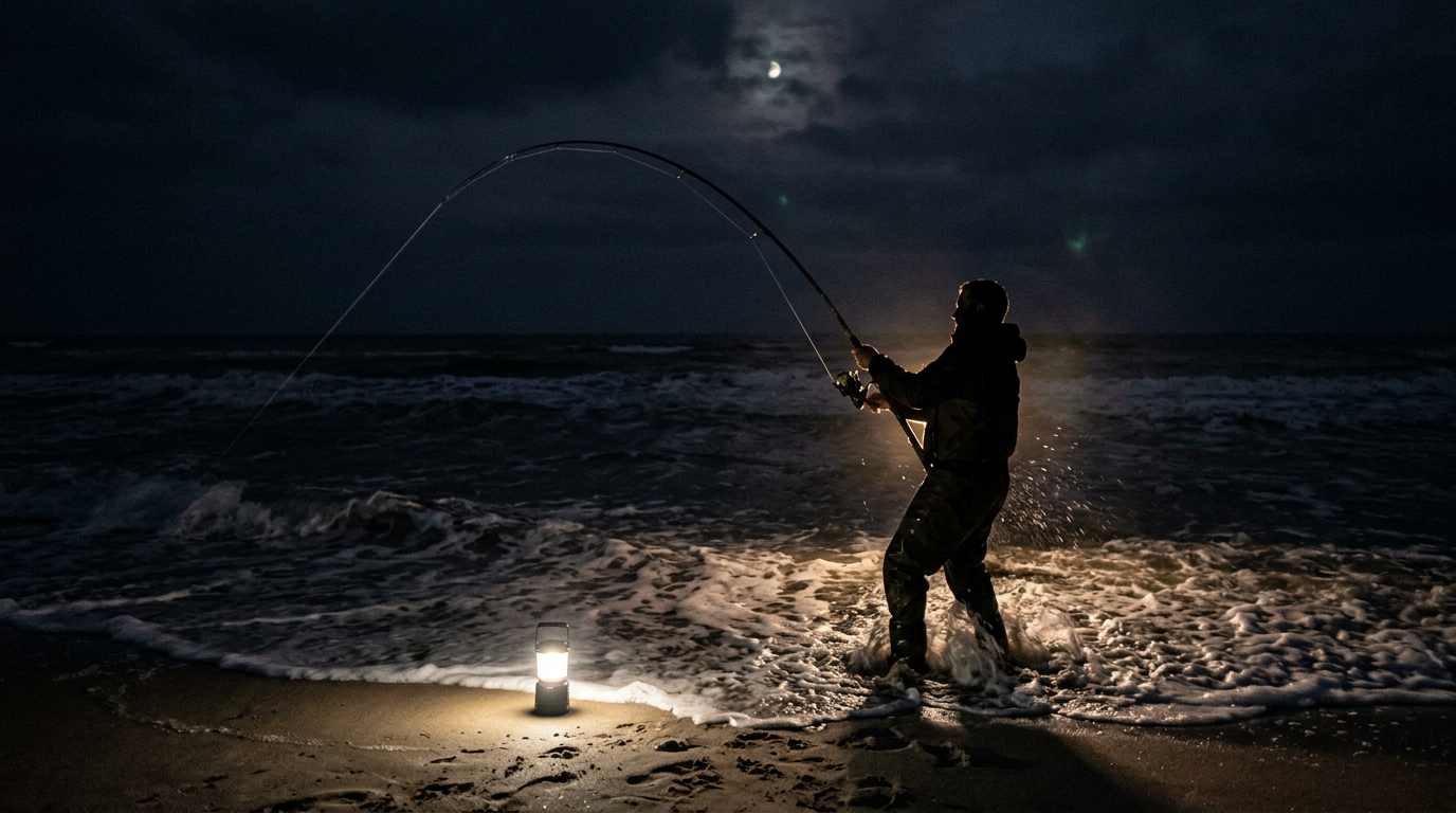 Rod bent hard against dark surf under lantern light